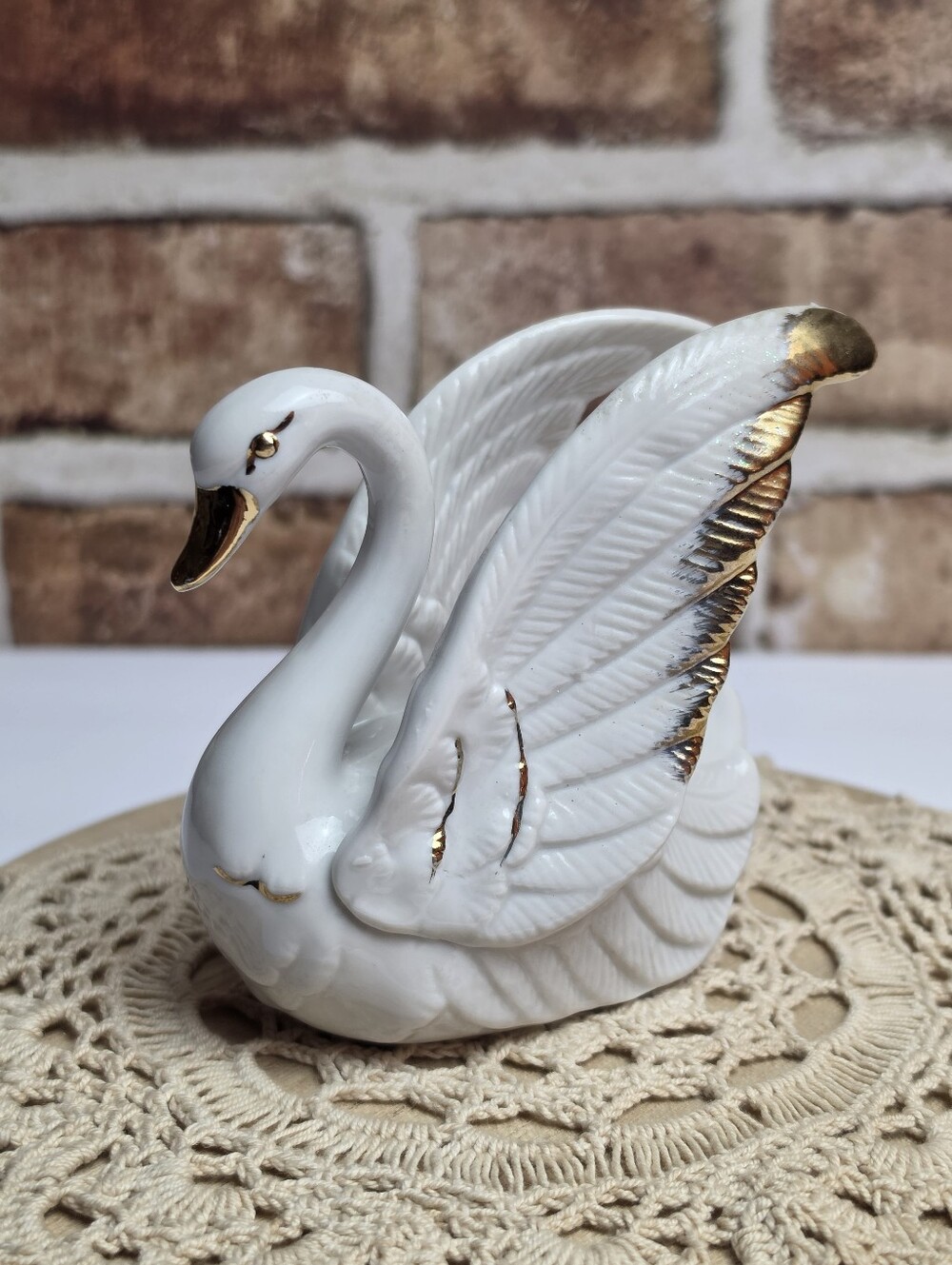 White Porcelain Vintage 4" Swan Figurine Raised Wings Gold Tone Details